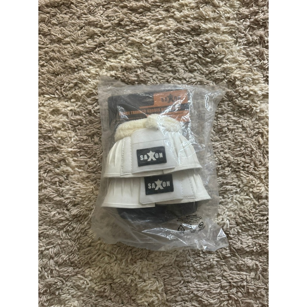 Saxon Fleece Trimmed Rubber Bell Boots White Full Size Horse Hoof Protection - Picture 4 of 6